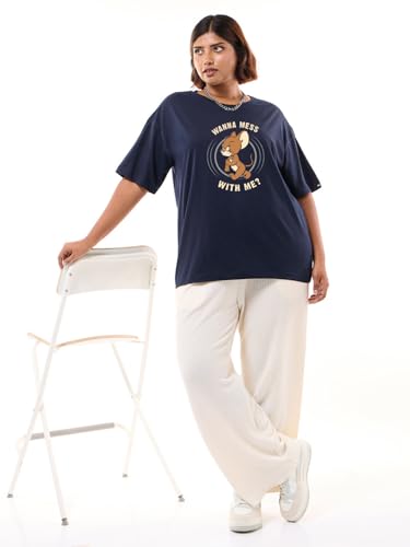 T-shirt imprimé Jerry manche mi-longue col rond coton bleu marine