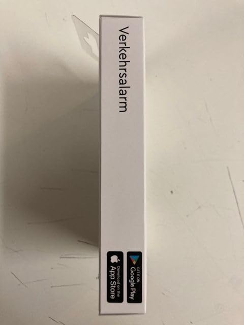 Side of the Saphe One+ box showing 'Verkehrsalarm' and logos for Apple App Store and Google Play.