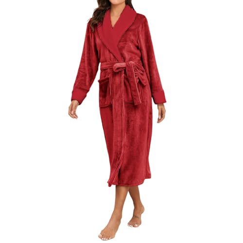 Albornoz de franela para mujer, cuello en V, ropa de casa, spa, bata de secado rápido, albornoz con cinturón, ligero para sauna, poncho de baño, cuello de bufanda, albornoz de viaje, O rojo., L