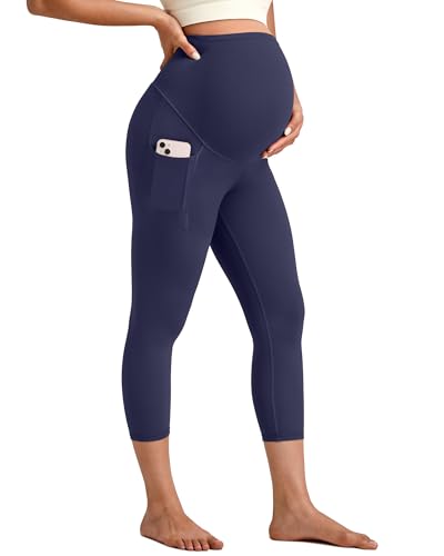 G4Free Maternity Workout Leggings with Pockets Over The Belly High Waisted Stretchy Maternity Yoga Capri Pants Casual(Royal Blue