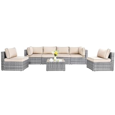 Shintenchi 7 Pieces Outdoor Patio Sectional Sofa Couch, Silver PE Wicker Furniture Sets, Patio Conversation Sets with Washable Cushions Glass Coffee Table for Garden, Poolside, Backyard, Khaki