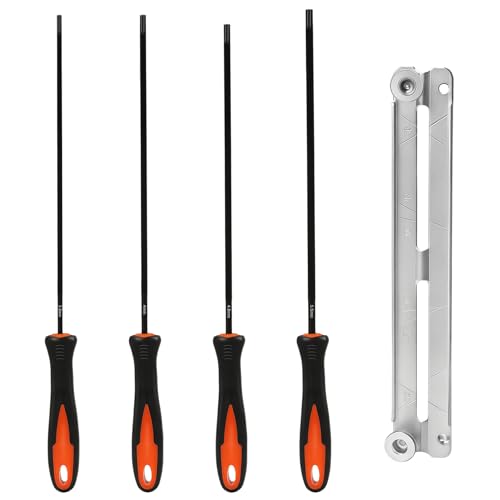 Kit de 4 Limes à Chaîne de Tronçonneuse, Affûteuse de Chaîne Lime Ronde 3,2mm 4,0mm 4,8mm 5,5mm, Limes pour Chaîne avec Poignée pour Bricoleurs et Professionnels, Inclut 1 Guide d'Affûtage Universel