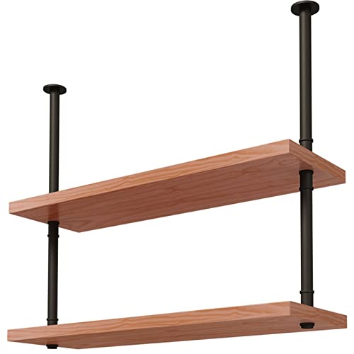 Industrial Vintage Pipe Shelf, Ceiling Hanging Rack with Wine Glass Holder - 2 Layer Ceiling Mount Storage Rack with Wooden Boards, Floating Wine Shelf for Kitchen (Size : 100cm)