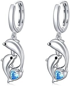 Dolphin Earrings 925 Sterling Silver Dolphins Dangle Earrings Moonstone Drop Heart Animal Earrings Jewellery Gifts for Women Girls