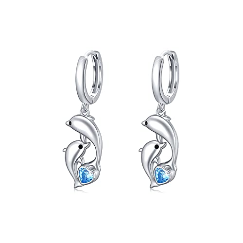 Boucles d'oreilles dauphin argent femme créoles pendentif oxyde bleu