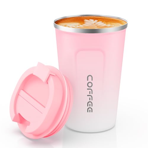 CS COSDDI 12 oz Stainless Steel Vacuum Insulated Tumbler - Coffee Travel Mug Spill Proof with Lid - Coffee Cups for Keep Hot/Ice Coffee,Tea and Beer (Pink-White380ML)