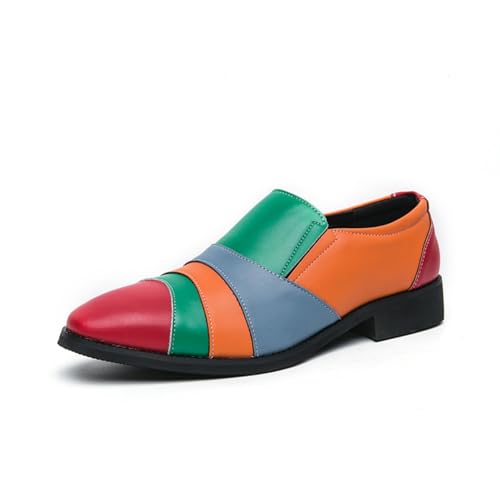 Mens Fashion Multicolored Patchwork Leather Slip-On Dress Loafers Casual Pointed Toe Non-Slip Derby Shoes for Casual Dress Prom Party Wedding