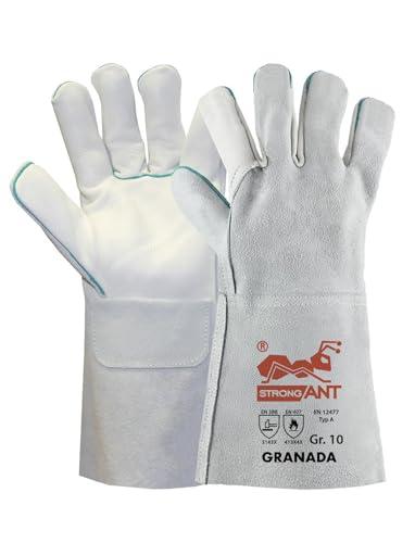 strongAnt GRANADA-Guantes de soldadura largos de cuero flor de vaca guantes de trabajo también adecuados para la parrilla guantes de seguridad - TÜV GS - Gris - Tamaño:10