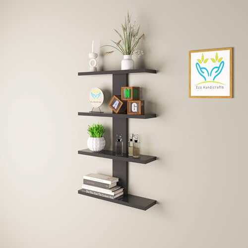 Image of Wooden Wall Mounted Floating Rack Shelves Book Stand Display Hanging Shelf Living Room Bedroom Storage Home Office for Decoration Showcase (Black)
