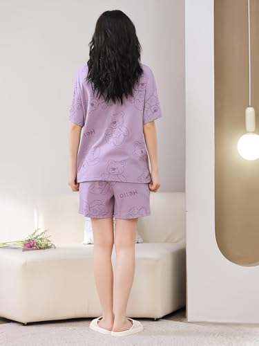 Image of Celary Korean Women's Pyjama Set|Cute Printed T-Shirt & Shorts Set|Soft Cotton Blend Women Night Suit Sleepwear| Shorts Set for Women