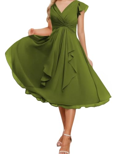 ANYSWBKN Short Sleeve Bridesmaid Dresses Pleats Chiffon Prom Formal Evening Party Homecoming Gown Tea Length HZ077