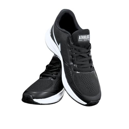 Image of Athletic Running Shoes, Breathable Mesh, Black and White, Cushioned Sole