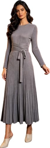 Image of RanRui Womens Winter Fall Pleated Knitted Fit and Flare Long Sleeve Sweater Dress