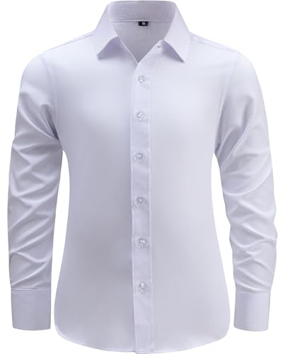 Todbiccz Boys Button Down Shirt Long Sleeve Dress Shirts 4-Way Stretch Wrinkle-Free Formal School Uniform White