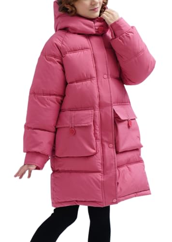 WIEAYUMEI Girls' Winter Down Coat Kids Long Puffer Jacket Knee Length Teenager Warm Outwear Parka with Hood Water Resistant Pink 11-12 Years