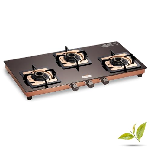 Urban Chef Gas Stove 3 Burners Glass Top | ISI Certified 3 Burner Stoves | Home &amp; Kitchen Gas Chulha LPG &amp; PNG Compatible | Brass Burner Manua