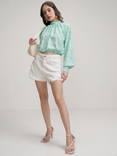 Image of Tokyo Talkies Women's Floral Print Blouson Top | High Neck | Cuffed Sleeves | Feminine & Elegant | Perfect for Work, Brunch & Casual Chic | Tops for Woman | Women Tops | Stylish Top