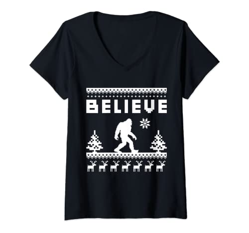 Womens Funny Xmas Big Foot Sasquatch Ugly Christmas Boys Girls V-Neck T-Shirt