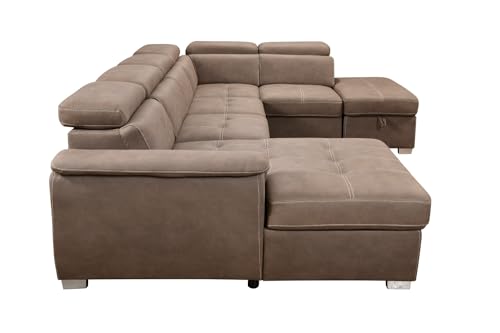 THSUPER 127'' Microfiber Oversized U Shaped Sectional Sleeper Sofa Couch with Pullout Bed, 7 Seat Couches with Adjustable Headrest, Sofas with Storage Chaise and Ottoman for Living Room. Light Brown - Thumbnail 6