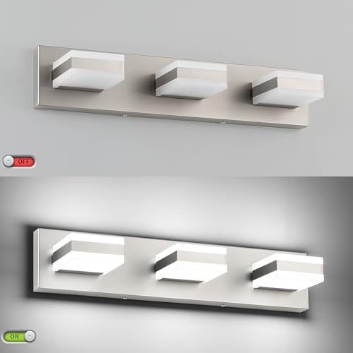 Image of SOLFART Brushed Nickel Vanity Lights Over Mirror, 3 Light LED Bathroom Light Fixture, Vanity Light for Bathroom Modern LED Lights 6000K