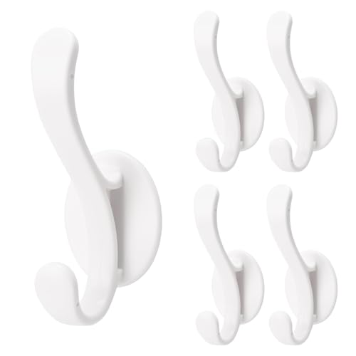 Vookkp 5 Piezas Ganchos Percheros, Doble Ganchos Perchas Porta Sin Perforación, Ganchos de Decoración, Percha Pared, Metal Colgadores de Ropa para Abrigo Ropa Albornoz Sombrero Llave(Blanco)