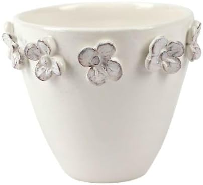 Vietri Rustic Garden White Flower Small Cachepot, 5"" H Terra Bianca Outdoor/Indoor Planter Pot, RGA-7792W
