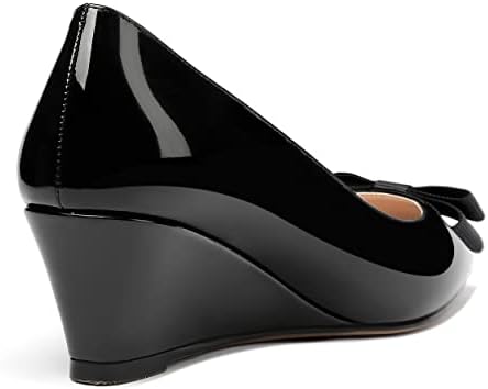 MODENCOCO Women's Black Bow Patent Pointed Toe Low Heel 2 Inch Slip On Wedge Pumps Evening Wedding Party Dress Shoes Size 8 - Ropa Y Zapatos para Mujer | Image 4