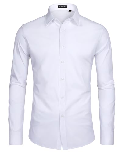 Lusead Mens White Dress Shirt Long Sleeve Regular Fit Wrinkle Free Button Up Shirt Thick Cotton Collared Wedding Club Party