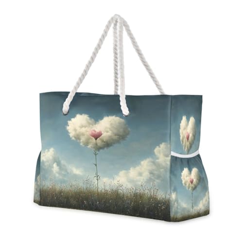 Heart Shape Cloud Beach Bag & Travel Tote Bag Large Sandproof with Zipper Closure, Wet Pouch for Swim Gym Travel, Lightweight Foldable Outdoor Bag