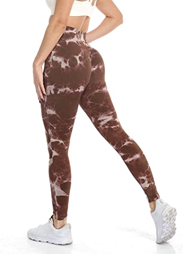 CFR Tie Dye High Waist Scrunch Butt Leggings for Women Workout Seamless Ruched Booty Yoga Pants Brown and White S