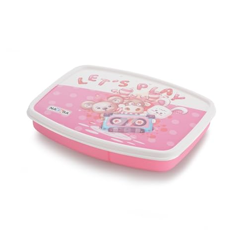 Image of Nayasa Witty Deluxe Mini 2 Compartment Lunchbox | BPA Free and Food Grade Plastic Tiffin | Cute Cheerful Animal Print | 450 ML | Pink