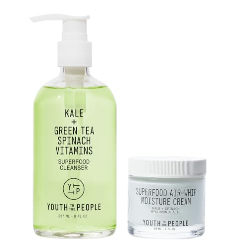 Youth To The People Daily Cleanse, Hydrate, Plump Skin Duo, 2-Pc Skincare Bundle Set, Superfood Kale + Green Tea Facial Cleanser (8oz) + Superfood Air Whip Hydrating Moisturizer (2oz), All Skin Types