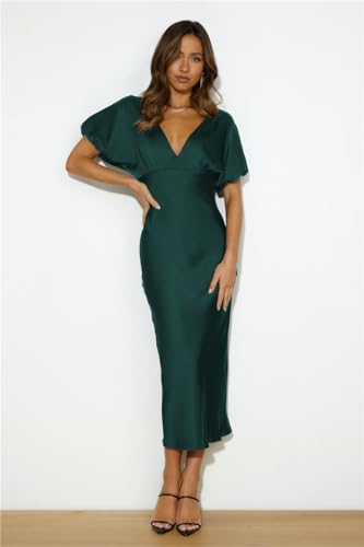 Image of Summer Satin V Neck Puffy Sleeves Empire Waist Midi Dresser Silk Sexy Tie Back Formal Cocktail Dresser for Women Wedding