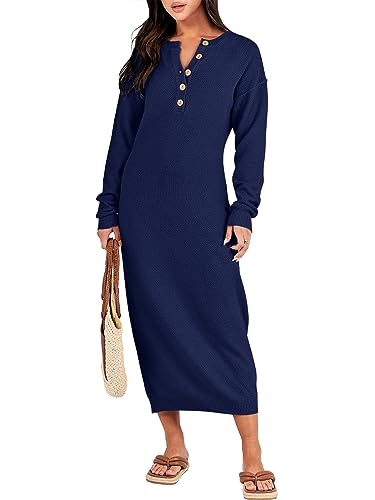 Image of ANRABESS Women Long Sleeve Button V Neck Oversized Casual Loose Fit Waffle Knit Fall Midi Sweater Dress 2026 Trendy Outfits