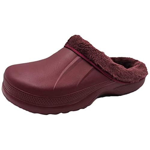 Amoji Fur Lined Clogs Fleece Garden Slippers House Home Winter Clogs Shoes 5-5.5 Women/4-4.5 Men Burgundy