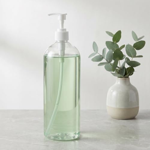 Gatuida 2 Stück 1000ml Seifenspender Set, Große Leere Pumpflaschen aus PET für Shampoo, Spülung & Duschgel, Nachfüllbarer 1 Liter Flüssigseifenspender Transparent für Bad & Waschküche, Weiß