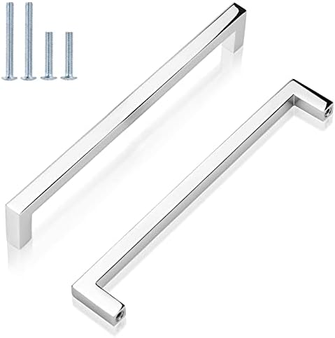 GOBEKOR 10 Pack Solid Polished Chrome Cabinet Handles 7-1/2 Inch Hole Center Chrome Drawer Pulls, Euro Square Bar Dresser Handles Cabinet Hardware