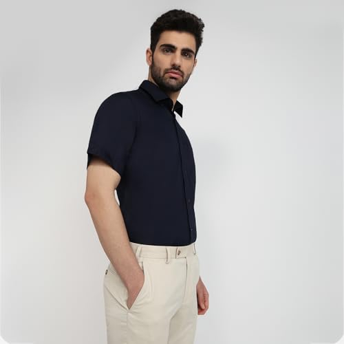 Image of Raymond Men Contemporary Fit Solid Pattern Pure Cotton Semi Cutaway Collar Half Sleeve Formal Shirt