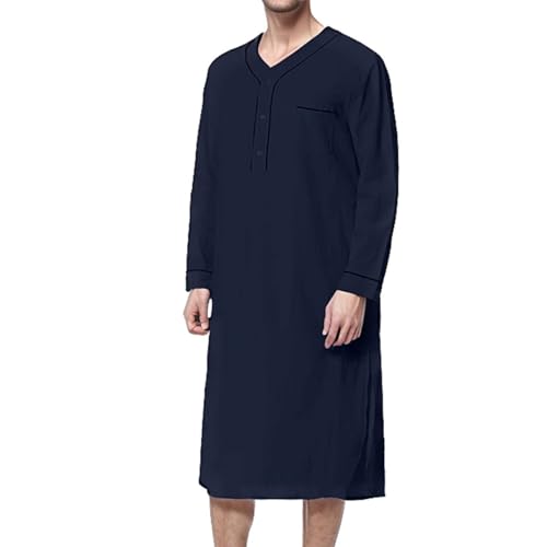 Men's Long Sleeve Robe Henley Nightshirt House Coat Side split Pockets Soft Loose Knee Length