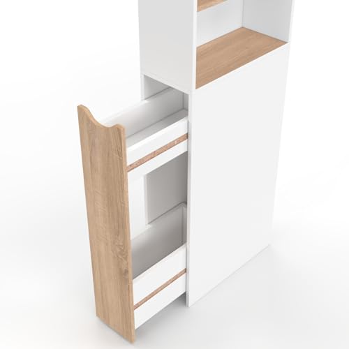 Meuble colonne salle de bain TOMI gain de place desserte 2 niveaux avec tiroirs et 3 étagères façon hêtre et - vue 8