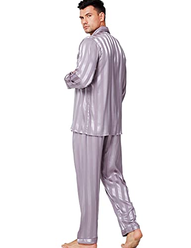 Image of Lonxu Pajamas Set Mens Silk Satin Pajamas Long Sleeve Loungewear Two-Piece Sleepwear Button-Down Pj Set S-XXXXL