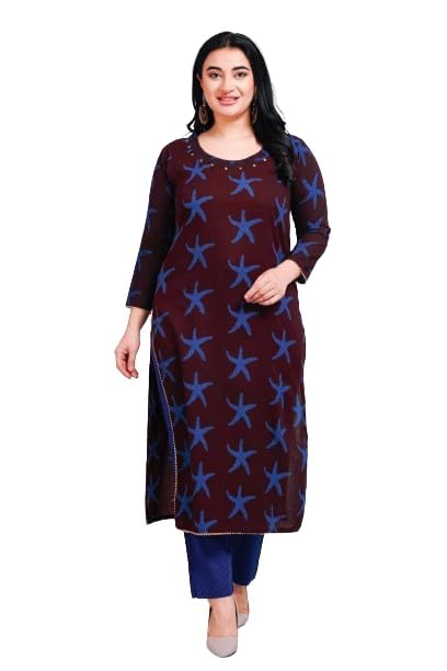Image of Women Cotton Kurta Set Artisanal Bagh Print with Organic Colour | Metal Coin Tucked on Neck and Gota Lace | Kurta and Straight Pants Set