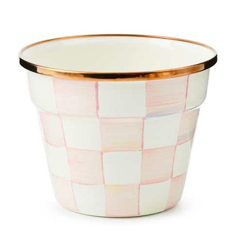 MACKENZIE-CHILDS Enamel Garden Pot, Decorative Pot for Plants, Outdoor Flowerpot Decor, Small, Pink-and-White Rosy Check