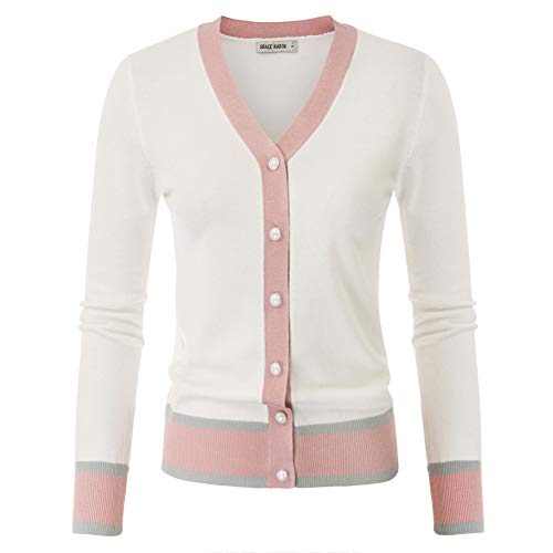 Grace Karin Contrast Cardigan Sweater For Women Striped Cardigan White Sweaters For Women Trendy Golf Outfits (S,Contrast-White)