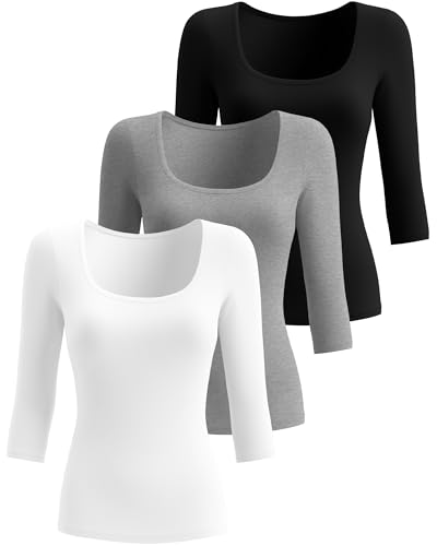 Ficerd 3 Pack Women's 3/4 Sleeve Shirts, Scoop Neck Cotton Slim Fit Tops Soft U Neck Knit Fitted Basic Tees Blouses2