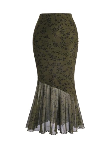 Verdusa Women's Floral Print High Waist Bodycon Ruffle Hem Fishtail Long Skirt