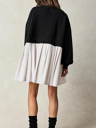 Image of Dokuritu Sweatshirt Dress Women Crew Neck Long Sleeve Patchwork Pullover Tops Flowy Oversized Sweatshirt Mini Dress