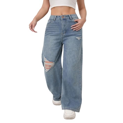 Women's Light Blue High-Waisted Ripped Wide-Leg Straight Jeans, Vintage Loose