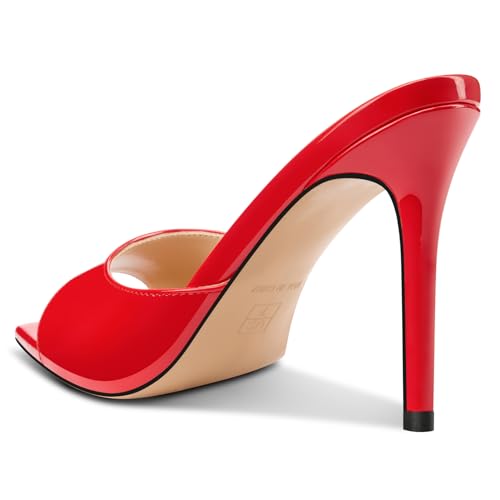 Image of TNYNFBEB Womens Stiletto High Peep Open Pointed Toe Sandals Mules Shoes Slip-on Slingback Office Party Dress Patent Leather Summer 3.9 Inches Heels