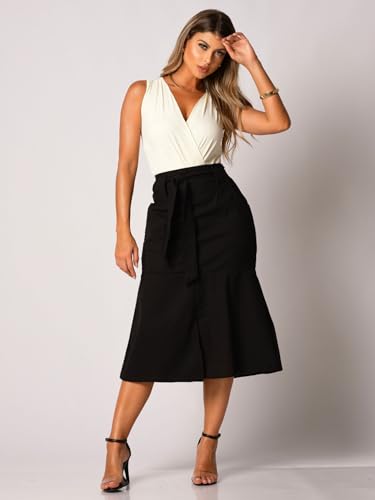 Saia Midi De Linho, Com Bolsos Acompanha Cinto (GG, PRETO)